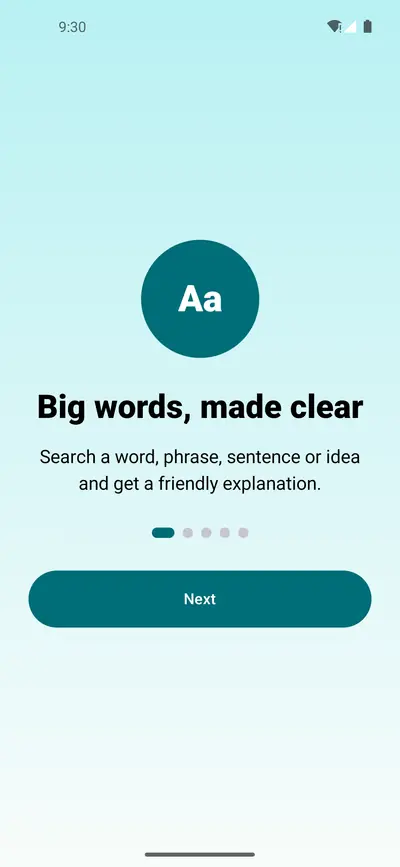 KidClear welcome screen reading Big words, made clear, with a Next button