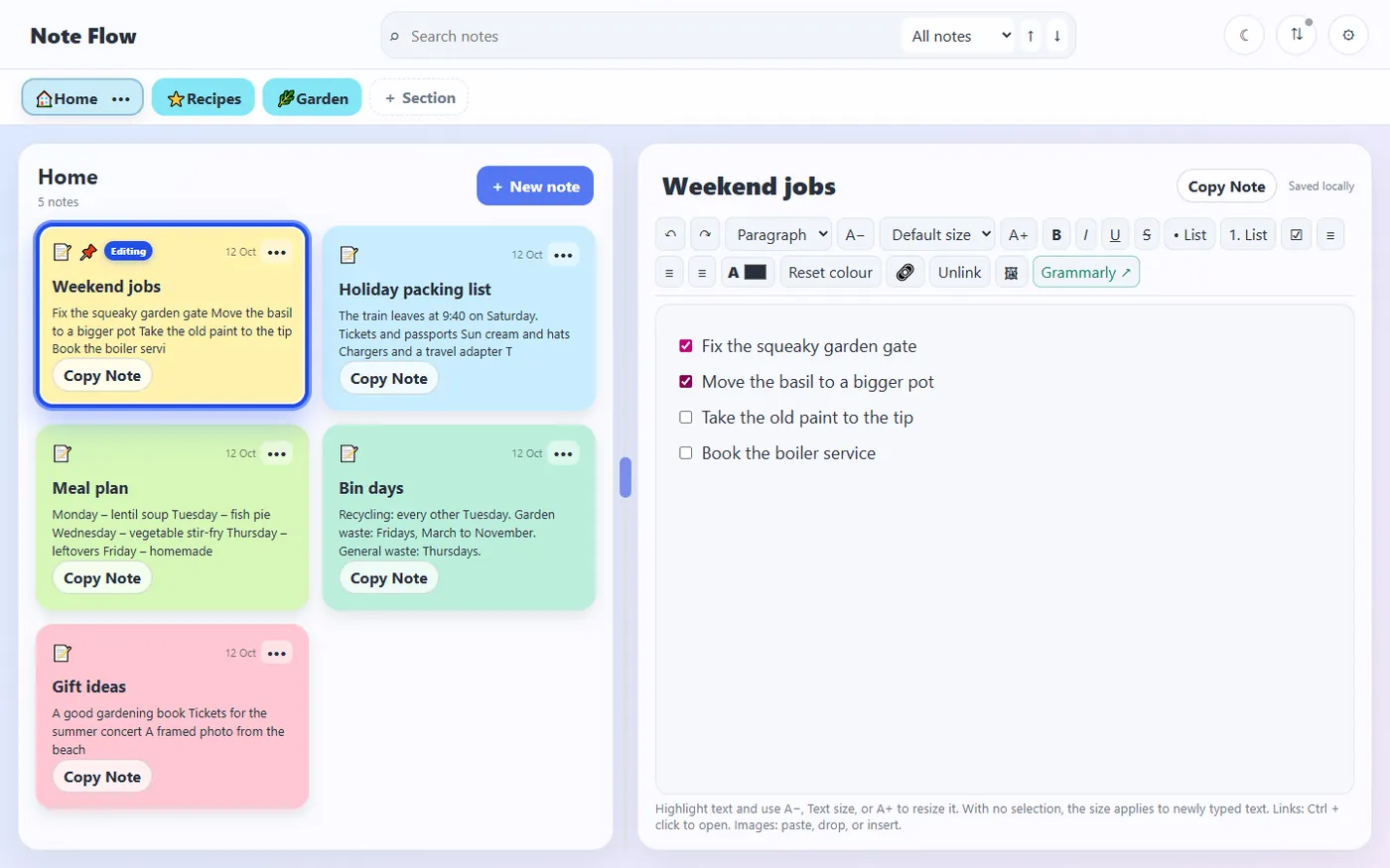 Note Flow with a Home section of pastel note cards — Weekend jobs, pinned, then Holiday packing list, Meal plan, Bin days and Gift ideas — and the Weekend jobs checklist open in the editor with two of its four jobs ticked