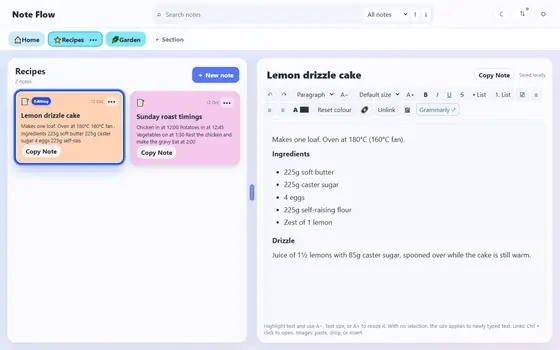 A Recipes section with a lemon drizzle cake note open: a bold Ingredients heading, a bulleted list and a Drizzle paragraph, under the formatting toolbar