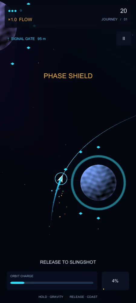 A ship curving along a bright trajectory around a ringed blue planet against a starfield, with an orbit-charge meter below