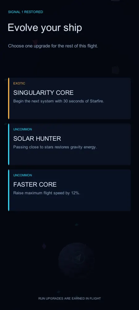 Upgrade selection screen shown after passing a gate