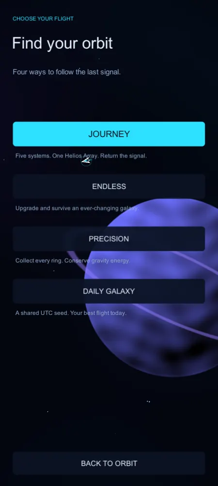 Mode selection screen offering Journey, Endless and Daily Galaxy