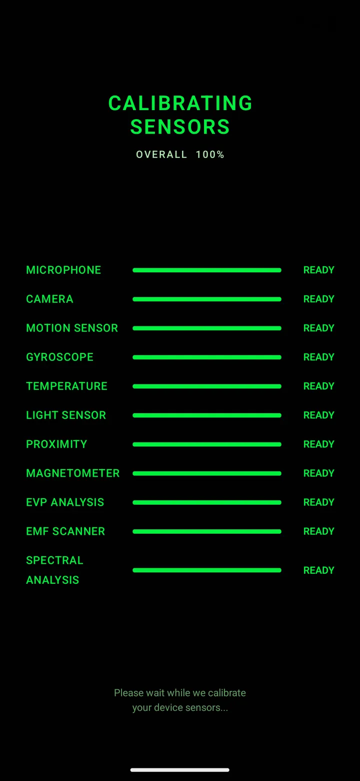 Calibrating sensors screen in green on black, listing microphone, camera, motion sensor, gyroscope, temperature, light sensor, proximity, magnetometer, EVP analysis, EMF scanner and spectral analysis as ready