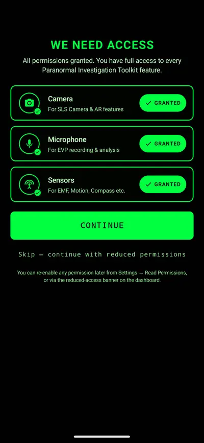 We need access screen showing camera, microphone and sensor permissions granted, a continue button and an option to continue with reduced permissions