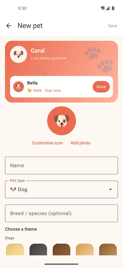 New pet form with a live theme preview, a pet icon, name, pet type and breed fields, and a choice of colour themes