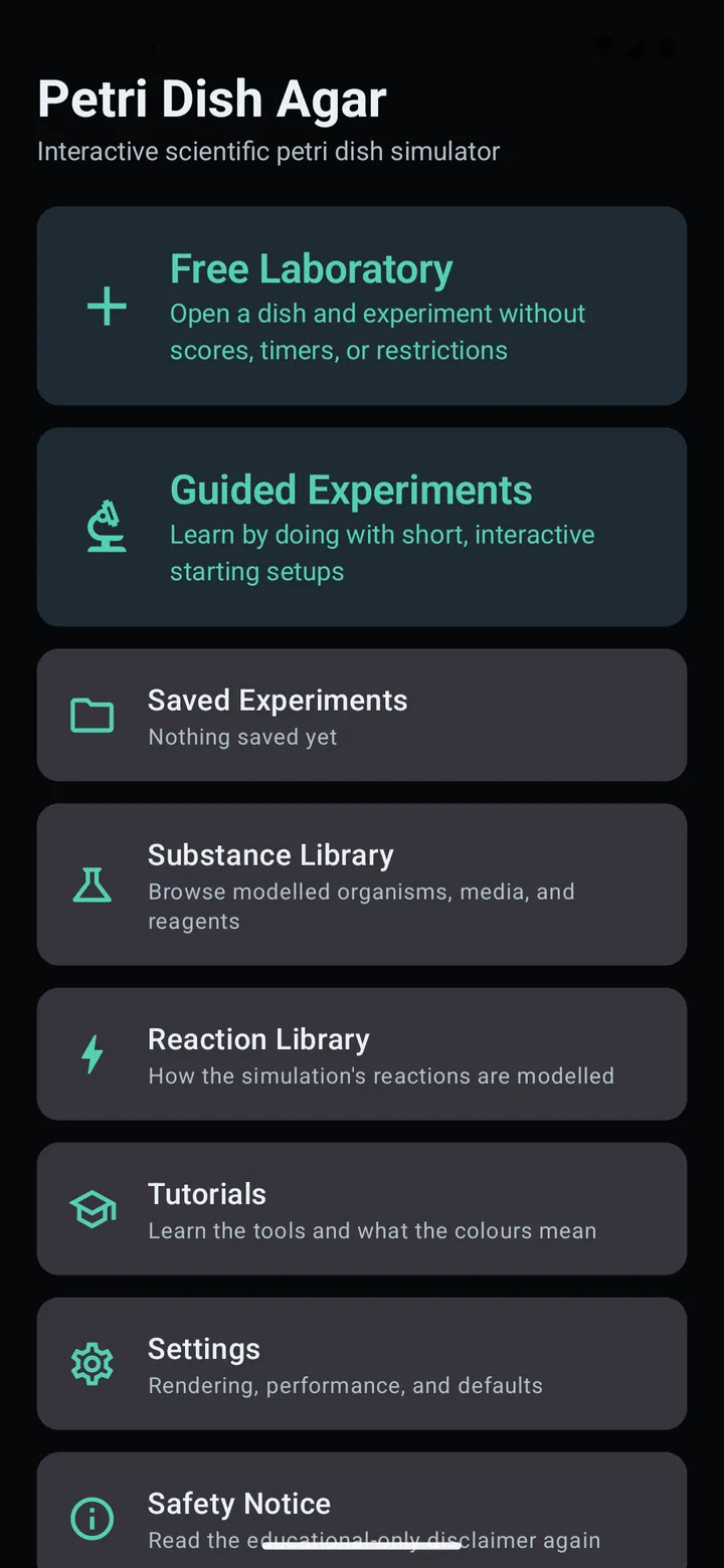 Petri Dish Agar home screen with options for free laboratory, guided experiments, saved experiments, substance library, reaction library, tutorials, settings and the safety notice