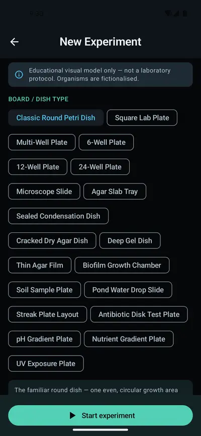 New experiment screen offering dish types including a classic round petri dish, square lab plate, multi-well plates, microscope slide and agar slab tray