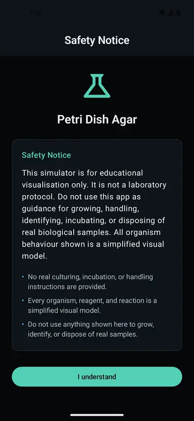 Safety notice explaining that the simulator is for educational visualisation only and is not a laboratory protocol, with an I understand button