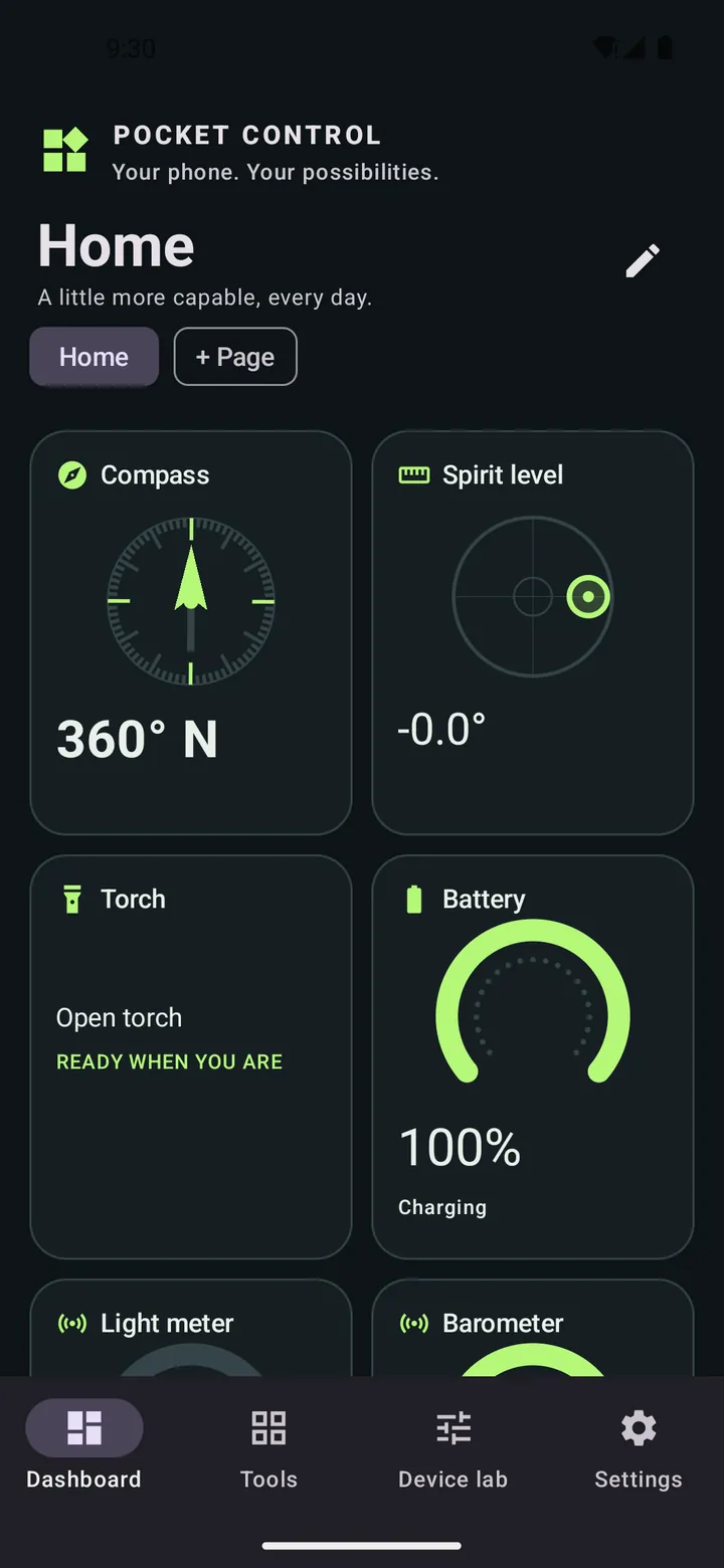 Pocket Control dashboard with live widgets for a compass reading 360 degrees north, a spirit level, a torch, battery at 100 percent and a light meter
