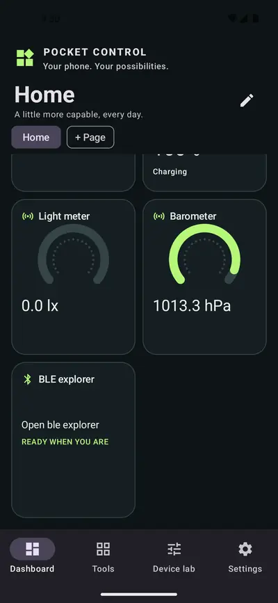 More dashboard widgets: a light meter at 0 lux, a barometer at 1013.3 hectopascals and a Bluetooth Low Energy explorer