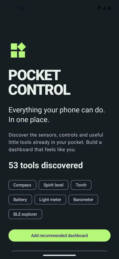 Scan results announcing 53 tools discovered on the phone, with chips for compass, spirit level, torch, battery, light meter, barometer and BLE explorer, and a button to add a recommended dashboard
