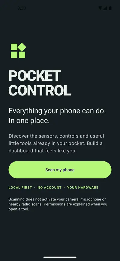 Pocket Control welcome screen reading Everything your phone can do, in one place, with a Scan my phone button and the note local first, no account