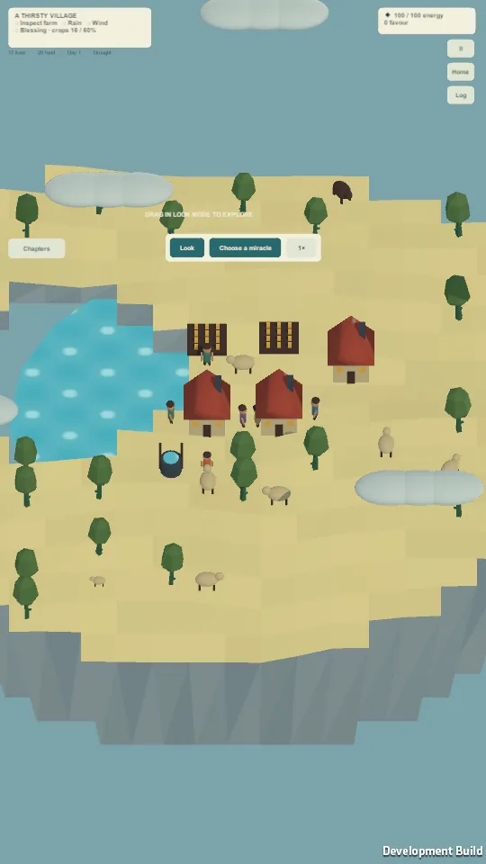 Pocket Deity gameplay: a small floating island with a lake, red-roofed houses, fields, trees, grazing animals and villagers going about their day