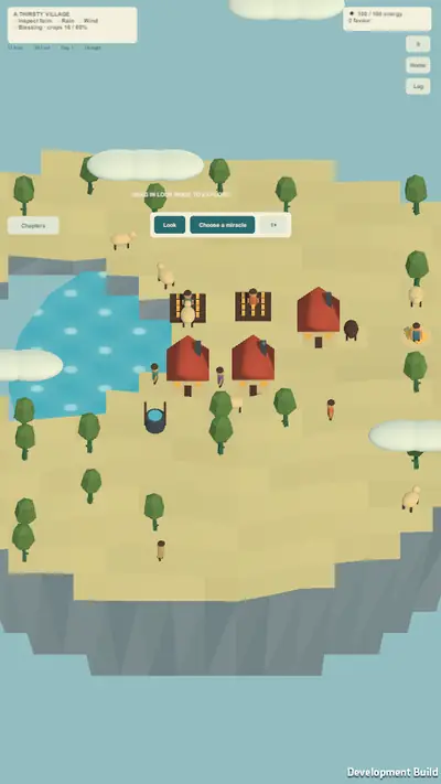 A closer look at the village by the lake, with clouds drifting across the island and the power panel at the top