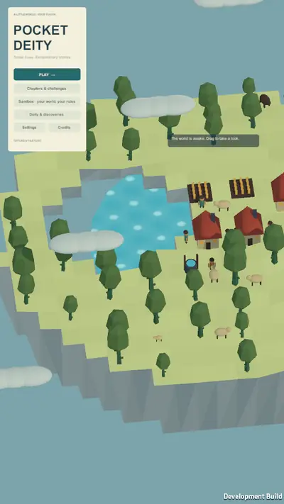Pocket Deity title screen over a view of the island, with a play button and options for chapters, sandboxes and settings