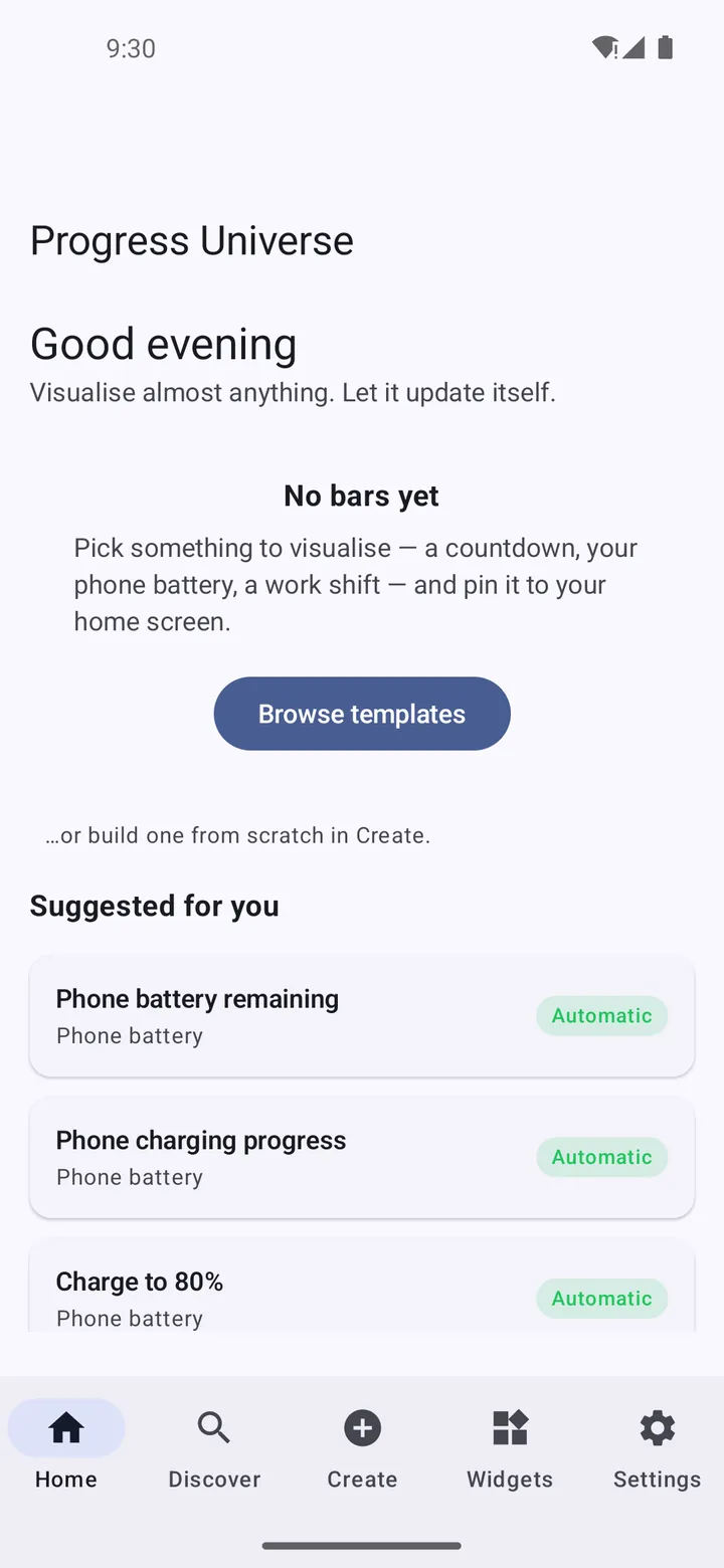 Progress Universe home screen with an empty state inviting you to browse templates, and suggested progress bars such as phone battery remaining and phone charging progress