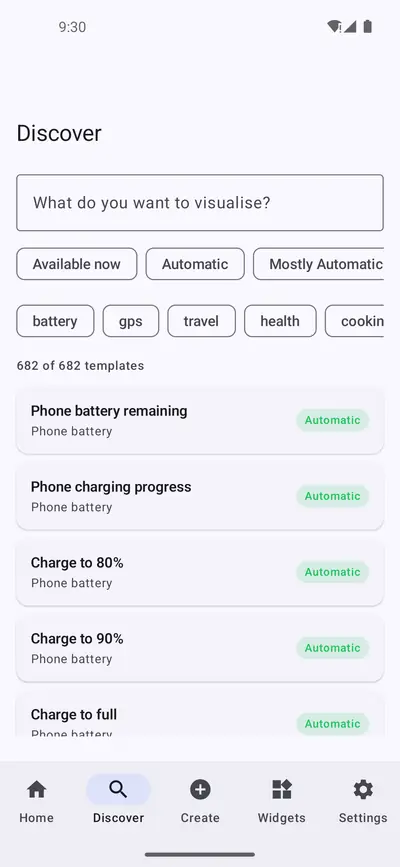 Discover screen with a search box, filter chips and a list of 682 templates such as phone battery remaining and charge to 80 percent, marked automatic