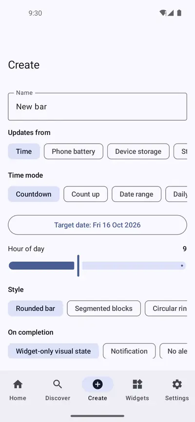 Create screen with fields for a name, an update source, a time mode such as countdown or date range, a target date, and style choices such as rounded bar and segmented blocks