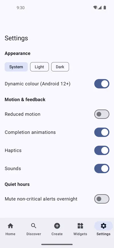 Settings showing appearance options for system, light and dark, and switches for dynamic colour, reduced motion, completion animations, haptics, sounds and quiet hours