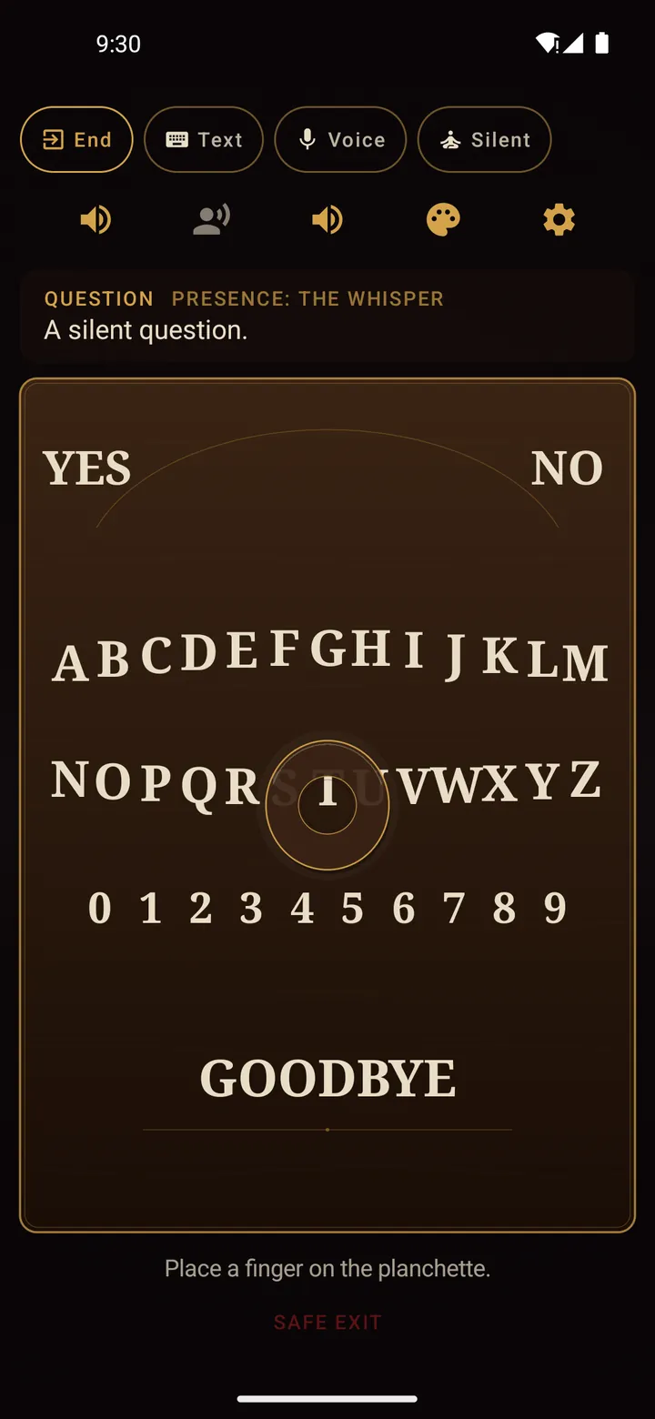 A dark wooden spirit board with yes, no, the alphabet, numbers and goodbye, a round planchette in the centre, and controls for text, voice and silent answers