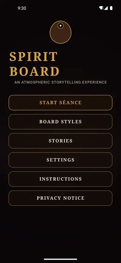 Spirit Board main menu with start séance, board styles, stories, settings, instructions and privacy notice