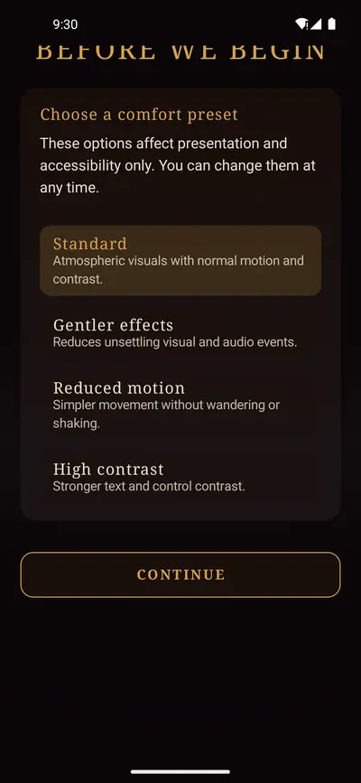 Before we begin screen offering comfort presets: standard, gentler effects, reduced motion and high contrast