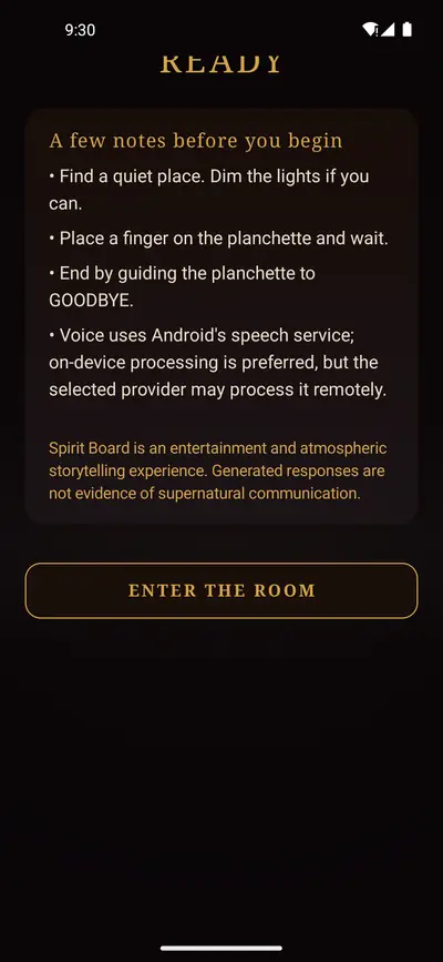 Ready screen with notes before you begin, stating that Spirit Board is an entertainment and atmospheric storytelling experience and that generated responses are not evidence of supernatural communication