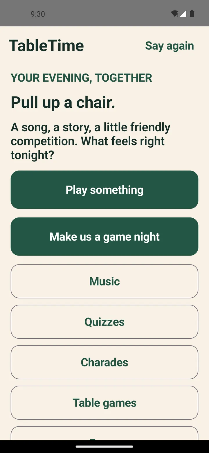 TableTime home screen reading Your evening, together. Pull up a chair, with buttons to play something or make a game night, and routes to music, quizzes, charades and table games