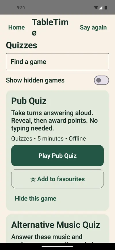 Quizzes screen with a Pub Quiz card — take turns answering aloud, reveal, then award points, about five minutes, offline — and a Play Pub Quiz button