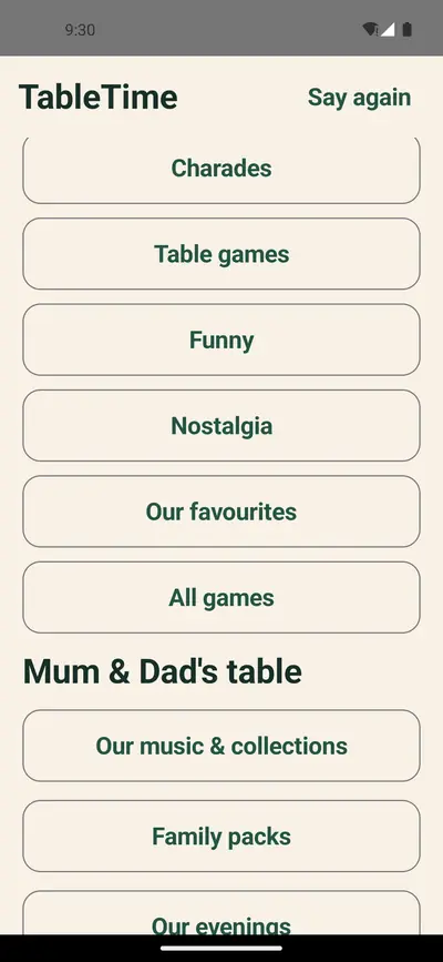 Further down the home screen: game types including charades, table games, funny and nostalgia, then the household's own music, family packs and evenings