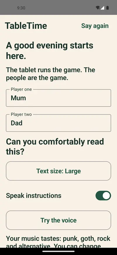 First-run setup asking for two player names, a comfortable text size and whether to speak instructions aloud