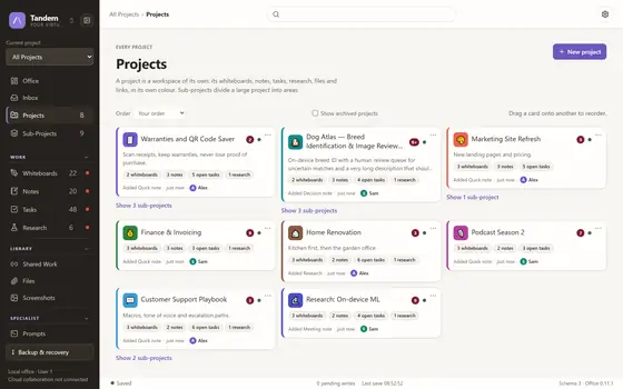 Projects page with eight colour-coded project cards, among them Warranties and QR Code Saver, Marketing Site Refresh, Finance & Invoicing and Home Renovation, each counting its whiteboards, notes, open tasks and research