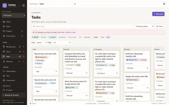 Tasks as a board with Idea, Planned, In Progress, Blocked and Review columns of cards showing project badges and priorities, under a notice of 24 changes not yet seen from Sam