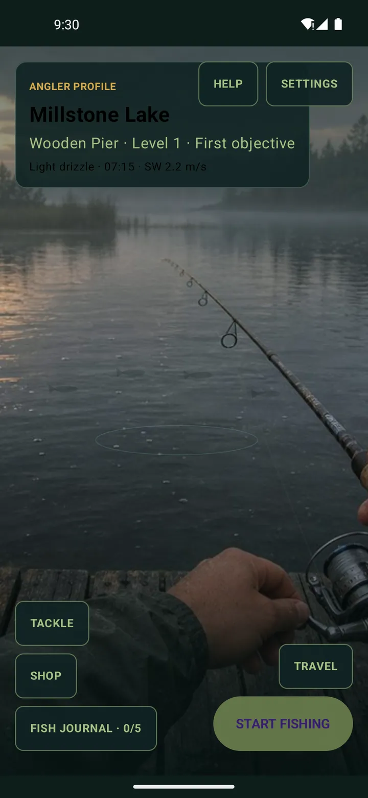 Tideline title screen: a first-person view of an angler's hands holding a rod over a misty lake at Millstone Lake, with buttons for tackle, shop, travel, fish journal and start fishing