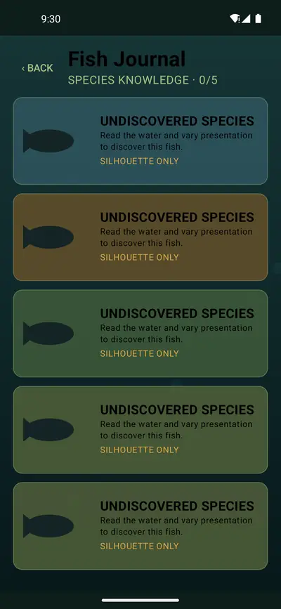 Fish Journal showing species knowledge 0 of 5, with undiscovered species shown only as silhouettes