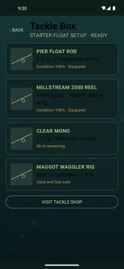 Tackle box listing a pier float rod, a Millstream 2500 reel, clear mono line and a maggot waggler rig, with a button to visit the tackle shop