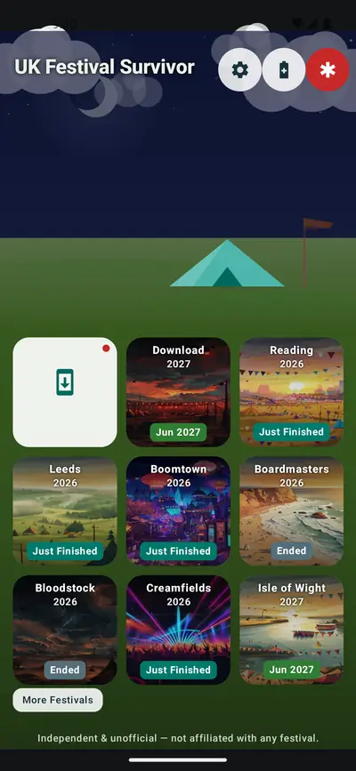 UK Festival Survivor: UK Festival Survivor home screen showing a grid of festival cards — Download, Reading, Leeds, Boomtown, Boardmasters, Bloodstock, Creamfields and Isle of Wight — each marked with its dates or a status such as Just Finished
