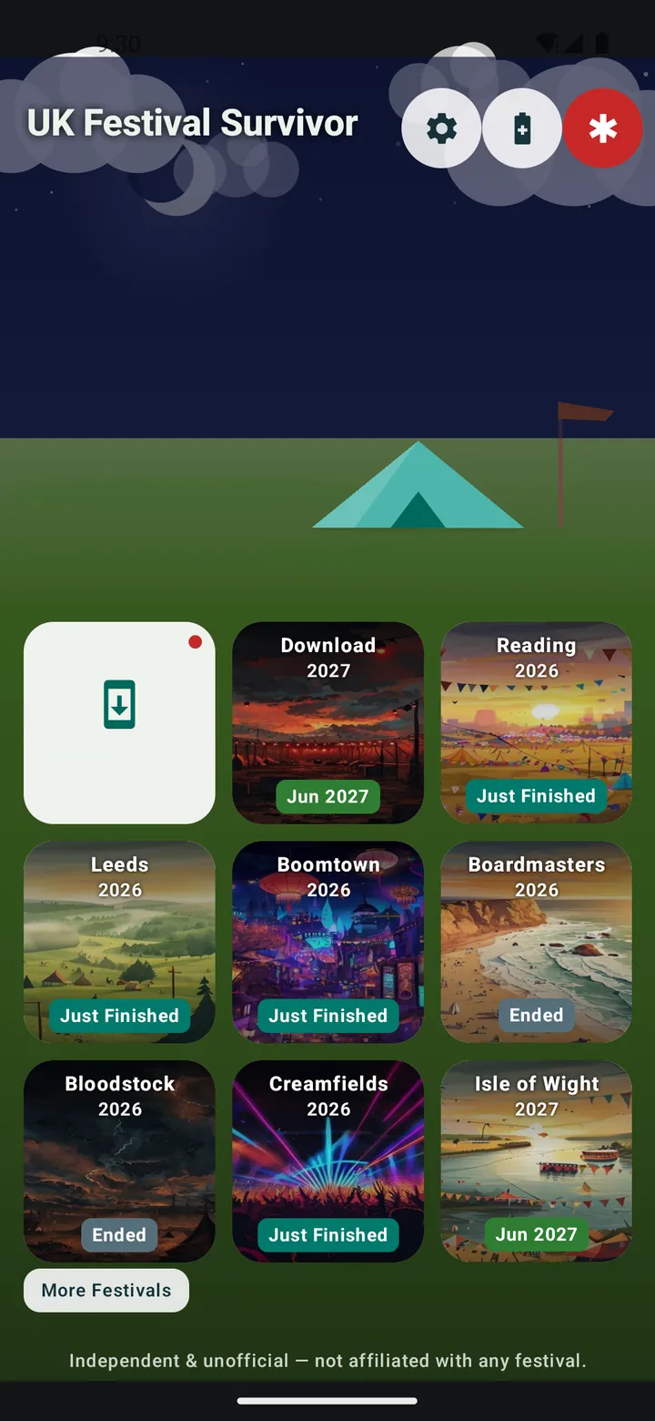 UK Festival Survivor home screen showing a grid of festival cards — Download, Reading, Leeds, Boomtown, Boardmasters, Bloodstock, Creamfields and Isle of Wight — each marked with its dates or a status such as Just Finished