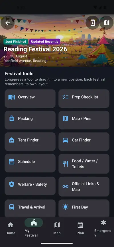Reading Festival 2026 pack with a grid of tools: overview, prep checklist, packing, map pins, tent finder, car finder, schedule, food and toilets, welfare and safety, official links, travel and first day