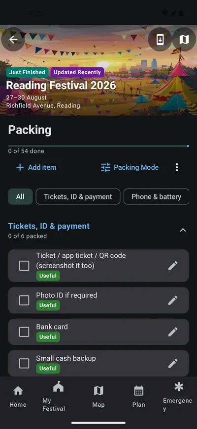 Packing list for Reading Festival showing 0 of 54 items packed, with a tickets, ID and payment section listing ticket, photo ID, bank card and a small cash backup