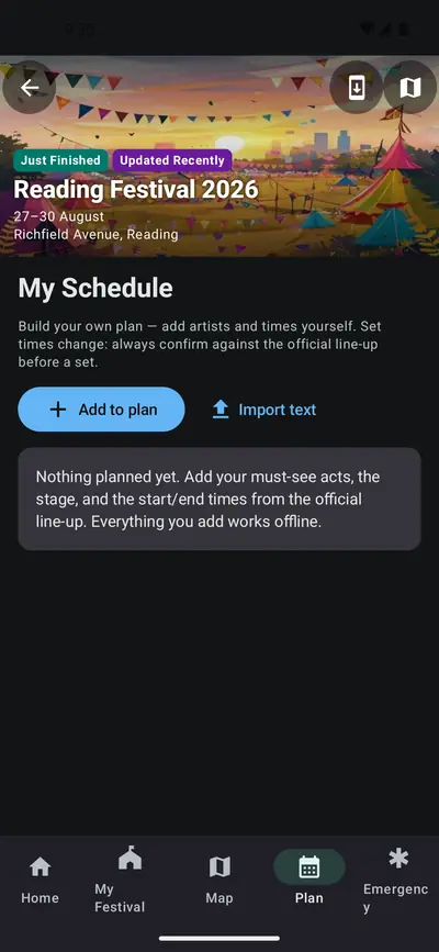 My Schedule screen with an empty plan and buttons to add an act or import a running order as text
