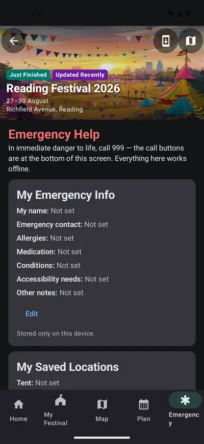 Emergency Help screen advising a 999 call in immediate danger, above a My Emergency Info card for name, contact, allergies, medication and accessibility needs