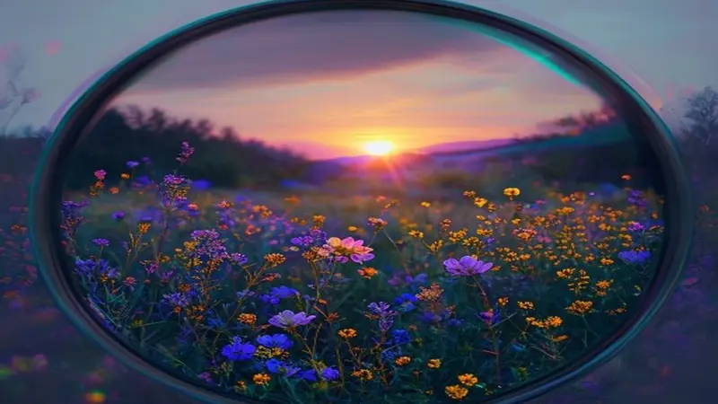 Illustrative artwork of a meadow seen through a camera lens with ultraviolet-shifted colours
