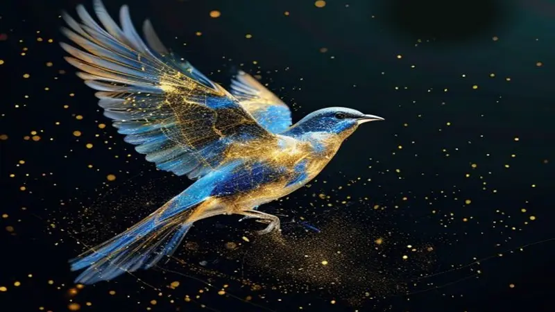 Illustrative artwork of a songbird in flight drawn in gold and sky-blue constellation lines