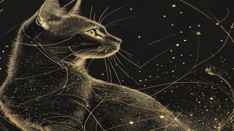 Illustrative artwork of a cat silhouette drawn in gold constellation lines
