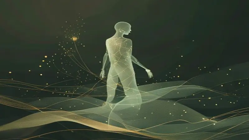 Illustrative artwork of a gentle glowing human silhouette with gold nodes at the joints