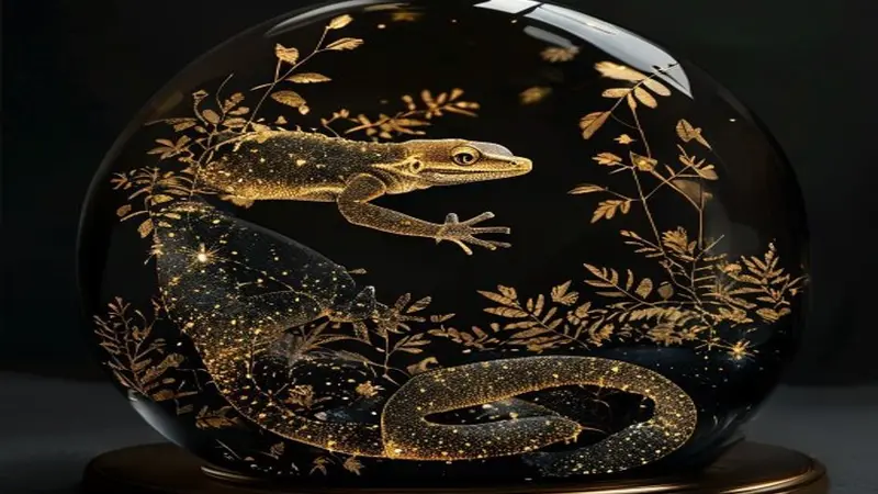 Illustrative artwork of a curled gecko silhouette drawn in gold and emerald constellation lines