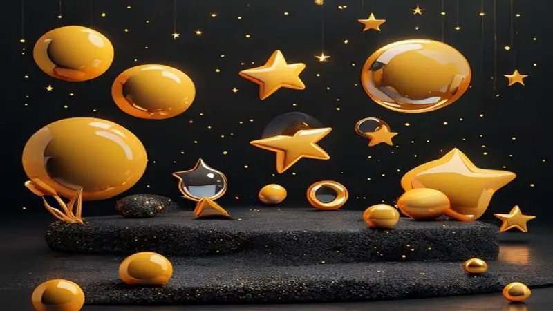 Illustrative artwork of friendly 3D shapes and a magnifying glass lit like museum exhibits