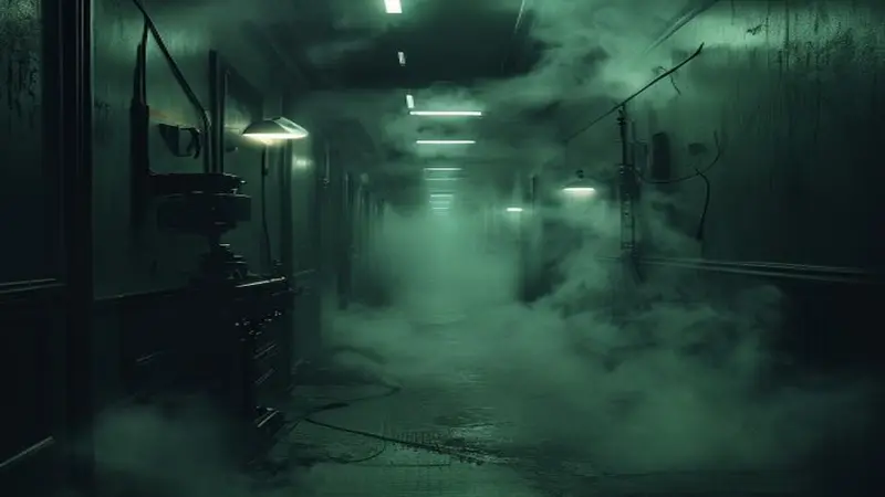 Illustrative artwork of a dark hallway lit by pale green sensor glow