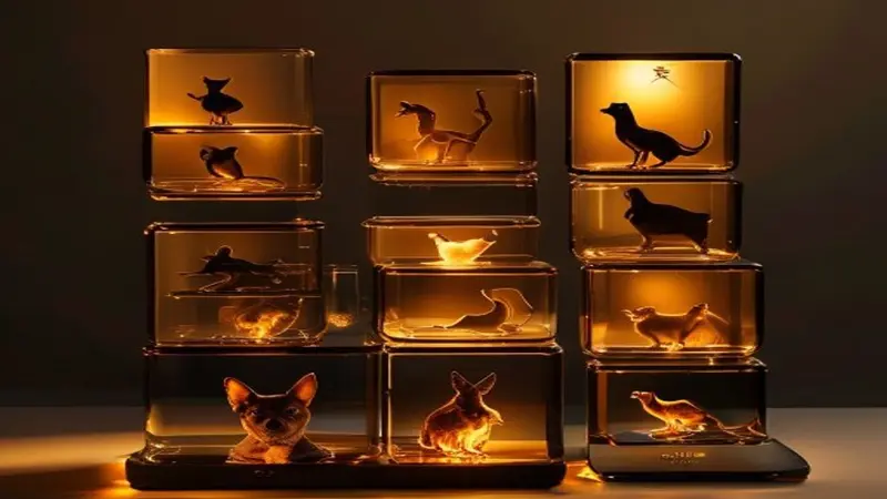 Illustrative artwork of layered widget shapes containing soft silhouettes of a dog, cat and bird